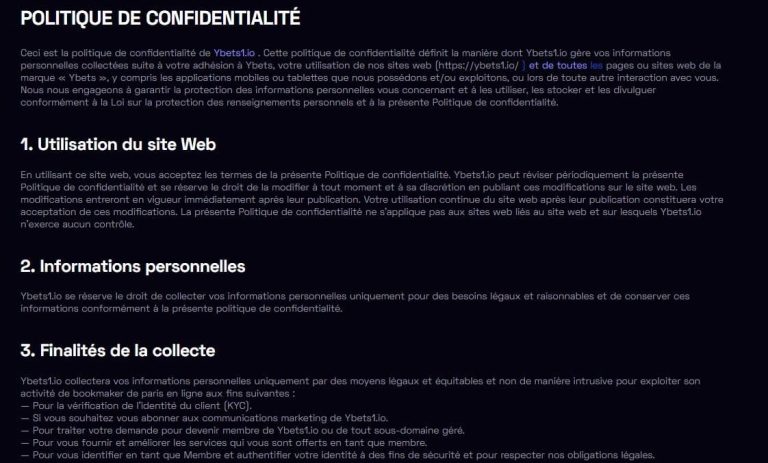 Ybets Casino politique confidentialité